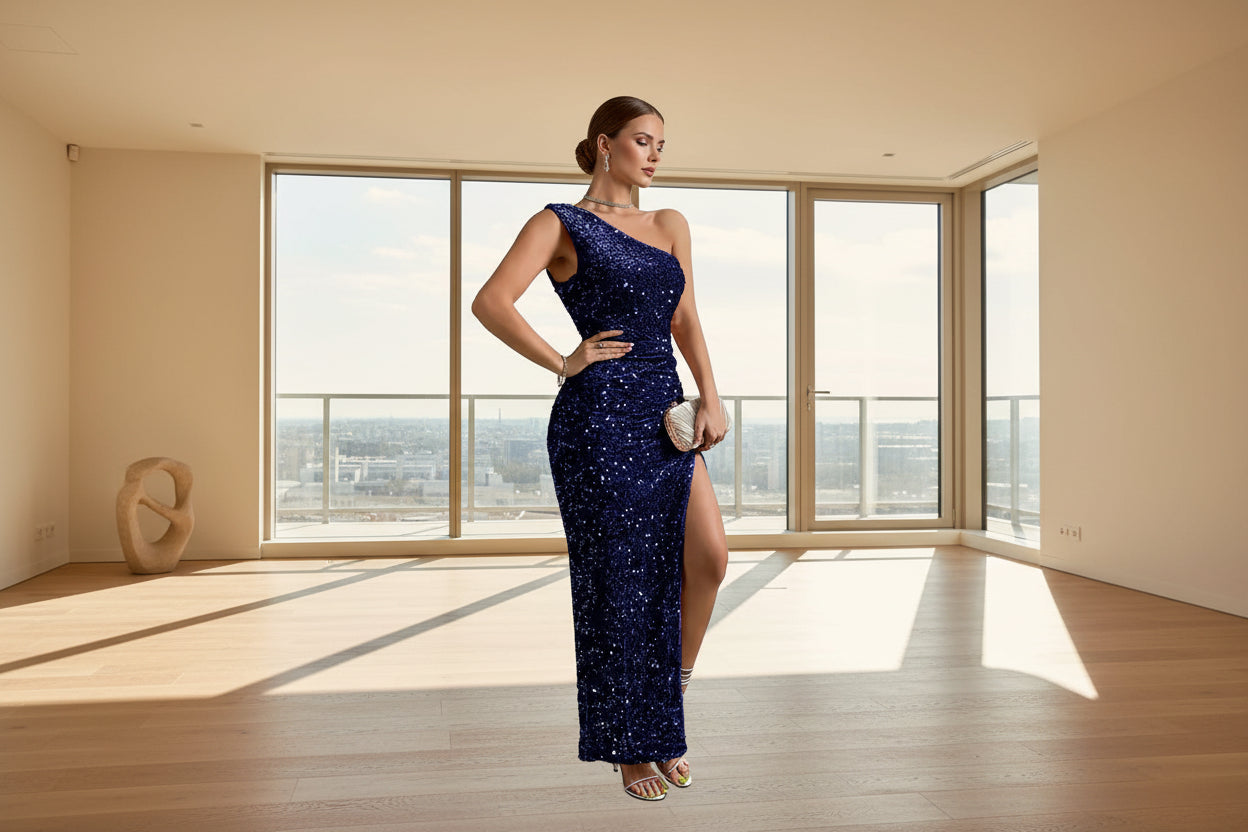 Sexy Sequined Shoulder Sleeping Beauty Split Solid Color Dress