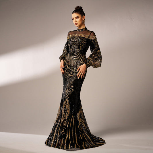 Vestido de noche de cola de pez de malla con lentejuelas, cuello redondo y manga larga