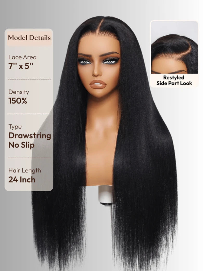 No-Slip 7x5 Lace Yaki Straight Wig With Drawstring 100% Human Hair Glueless Wigs Pre Cut Pre Bleached Wig for Beginners