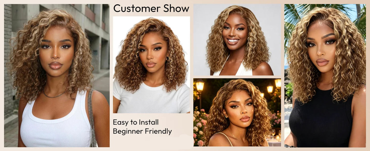7x5 Bye-Bye Slip™ Lace Honey Blonde Highlights Voluminous Curly Bob Wig | 180% Density Glueless Human Hair