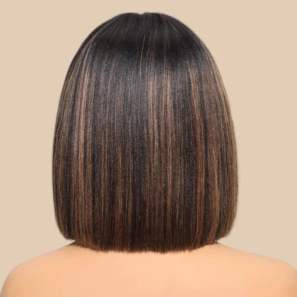 Balayage Highlight Yaki Straight Bob Wig with Bangs | Glueless 4x2 Lace, Human Hair, 150% Density