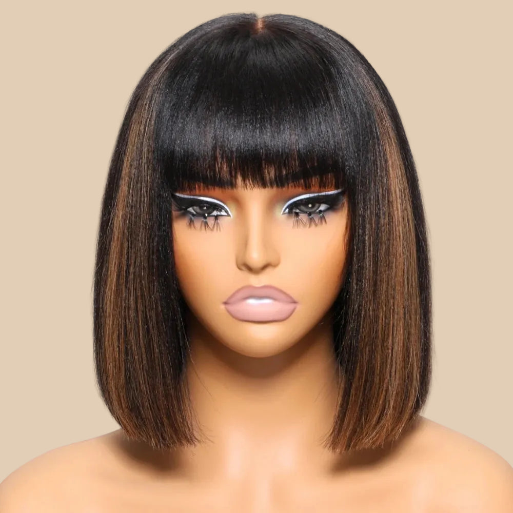 Balayage Highlight Yaki Straight Bob Wig with Bangs | Glueless 4x2 Lace, Human Hair, 150% Density