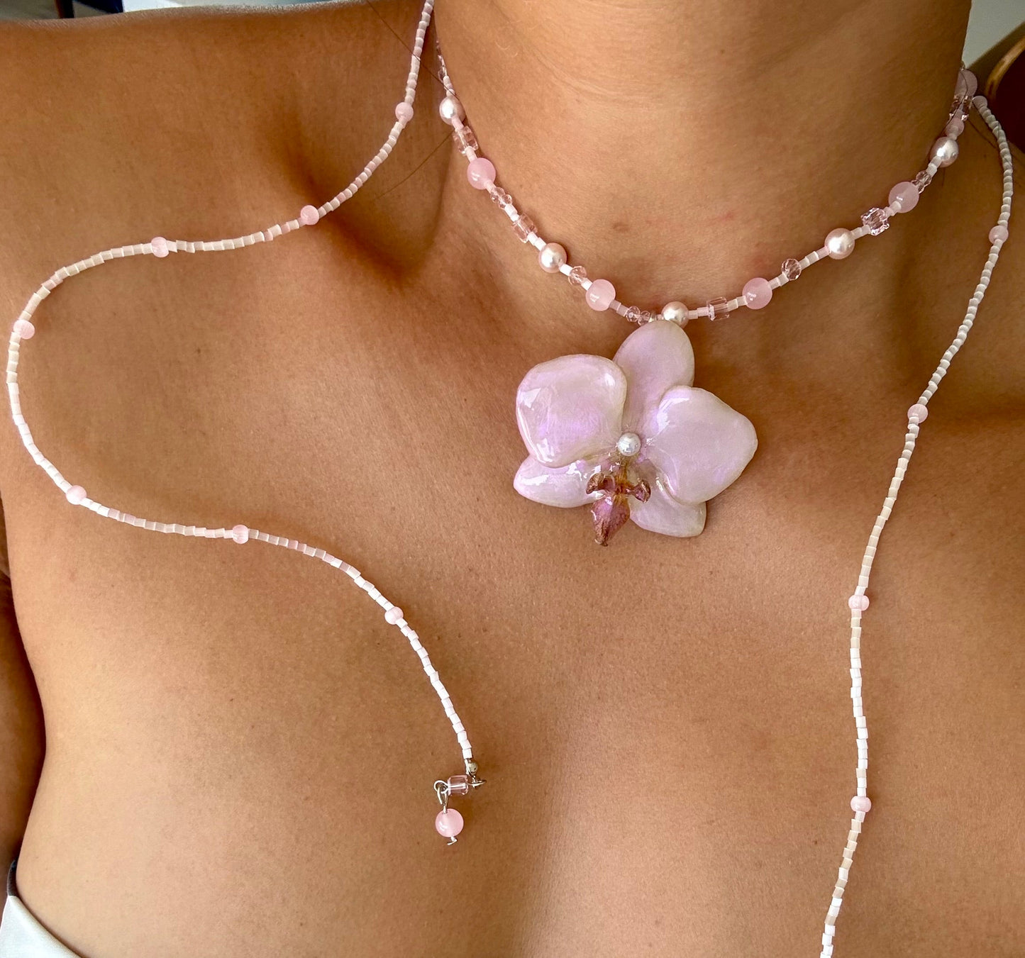 Handmade Opalescent Orchid Necklace