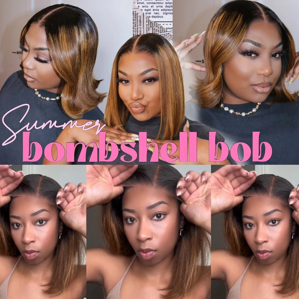 Brown With Blonde Piano Highlights Blunt Bob Wig With Dark Roots | No-Slip 7x5 Pre-Cut Glueless Human Hair
