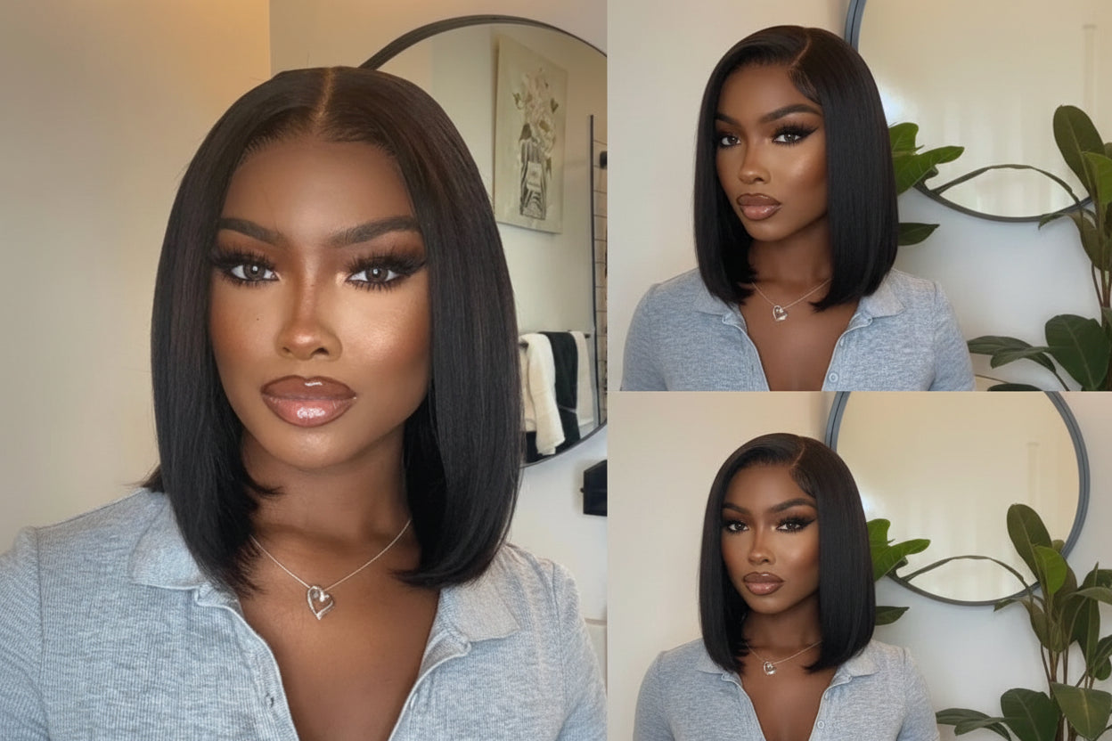 Side Part Layered Cut Light Yaki Straight 7x5 Lace Glueless Human Hair Wig Short Bob Wigs