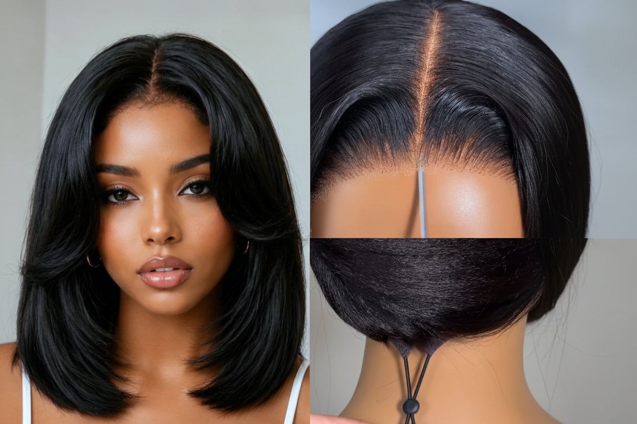 Layered Cut Straight Bob Wig with Curtain Bangs — Glueless 7x5 Lace, Human Hair