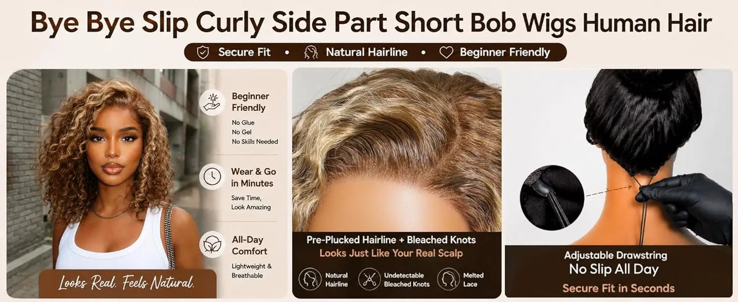 7x5 Bye-Bye Slip™ Lace Honey Blonde Highlights Voluminous Curly Bob Wig | 180% Density Glueless Human Hair