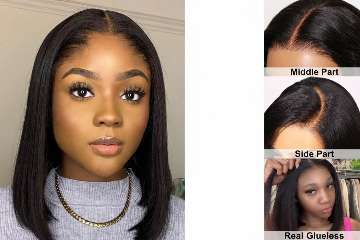 Pre Cut Pre Bleached 7x5 Lace Silky Straight Bob Wig Human Hair Glueless Wig Ready To Wear 150% Density
