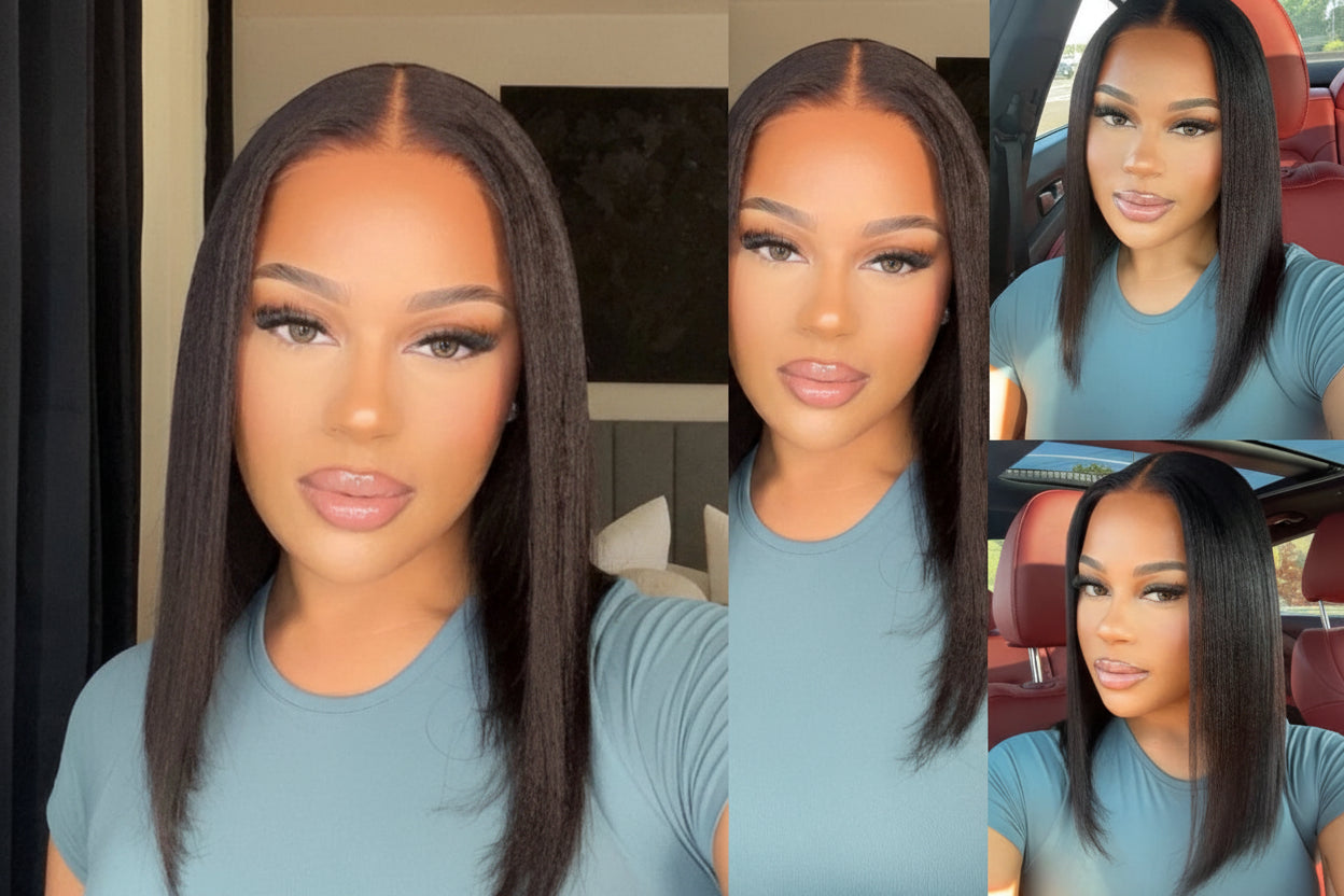 Side Part Layered Cut Light Yaki Straight 7x5 Lace Glueless Human Hair Wig Short Bob Wigs