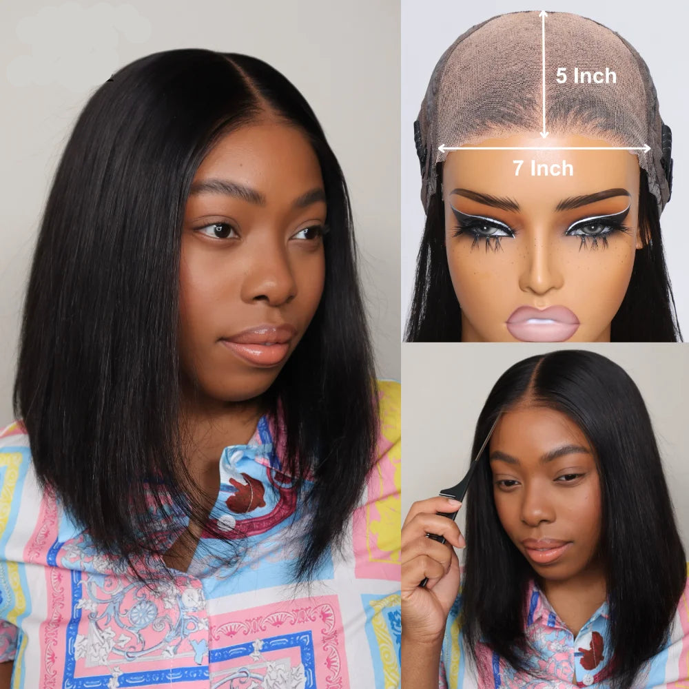 Pre Cut Pre Bleached 7x5 Lace Silky Straight Bob Wig Human Hair Glueless Wig Ready To Wear 150% Density