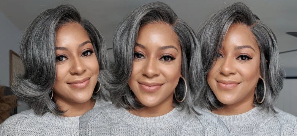 Hair Layered Blowout Salt & Pepper Glueless Human Hair Wig Pre Cut 6.5x1.5 Lace Short Bob Side Part Grey Wig 150% Density