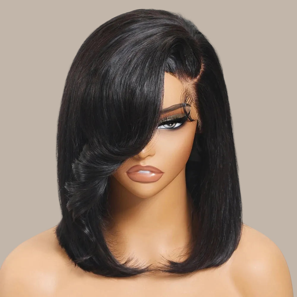4x4 Lace Closure Bob Wig With Side Swept Bangs 100% Human Hair Glueless Wig Ready To Wear