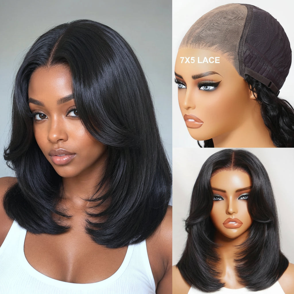 Layered Cut Straight Bob Wig with Curtain Bangs — Glueless 7x5 Lace, Human Hair