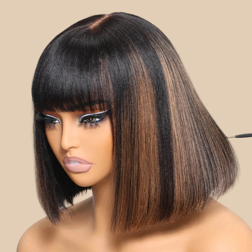 Balayage Highlight Yaki Straight Bob Wig with Bangs | Glueless 4x2 Lace, Human Hair, 150% Density
