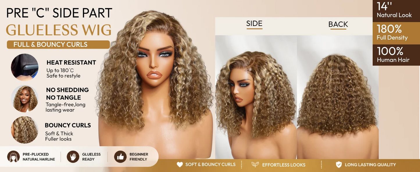 7x5 Bye-Bye Slip™ Lace Honey Blonde Highlights Voluminous Curly Bob Wig | 180% Density Glueless Human Hair