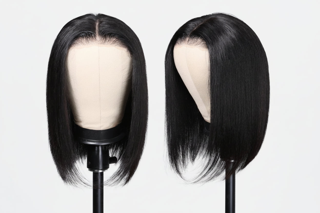Pre Cut Pre Bleached 7x5 Lace Silky Straight Bob Wig Human Hair Glueless Wig Ready To Wear 150% Density