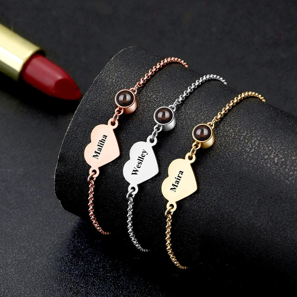 Personalized Photo Projection Heart Zircon Charm Bracelet