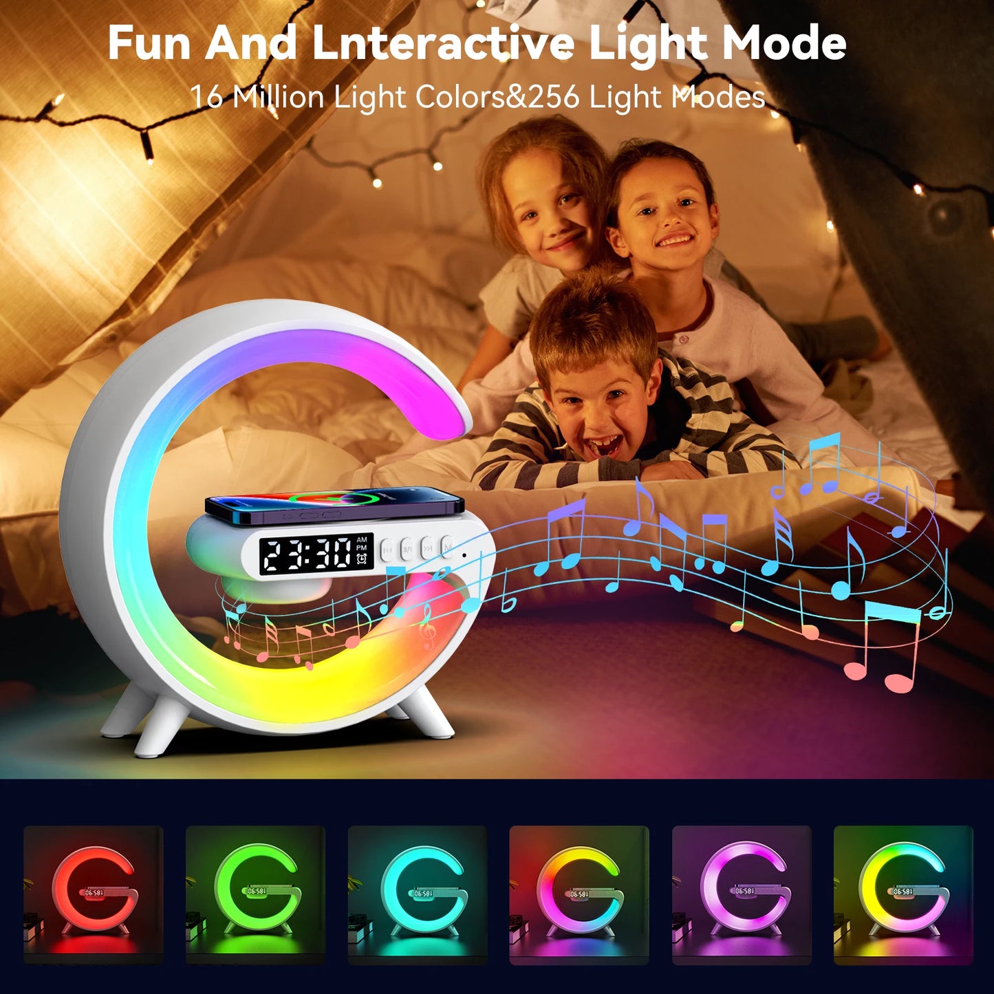 Smart RGB Desk Lamp — 4-in-1 Wireless Charger, Bluetooth Speaker & Alarm Clock Night Light