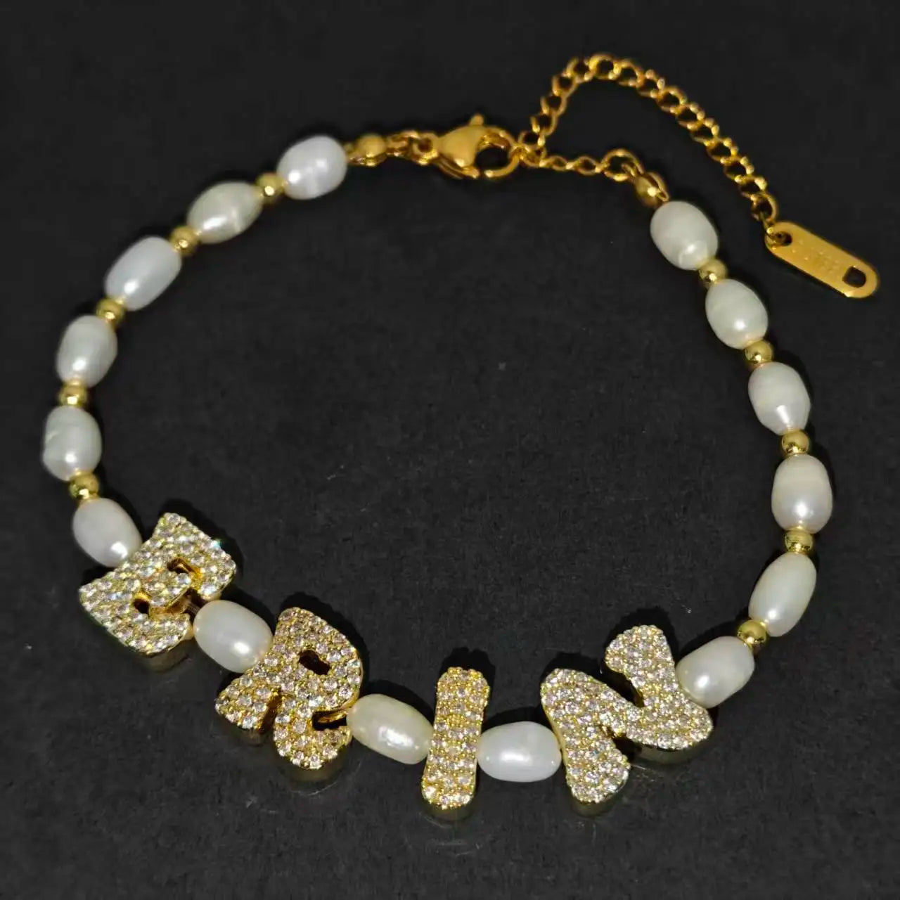 Personalized Freshwater Pearl Bracelet | Bubble Letter CZ Initial Charm 18K Gold