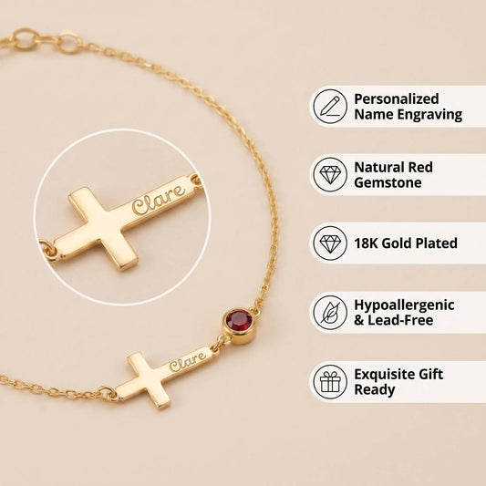 Personalized Stainless Steel Custom Sideways Cross Birthstone Bracelet Engraved Name Religious Jewelry 18K Gold Plated Gift