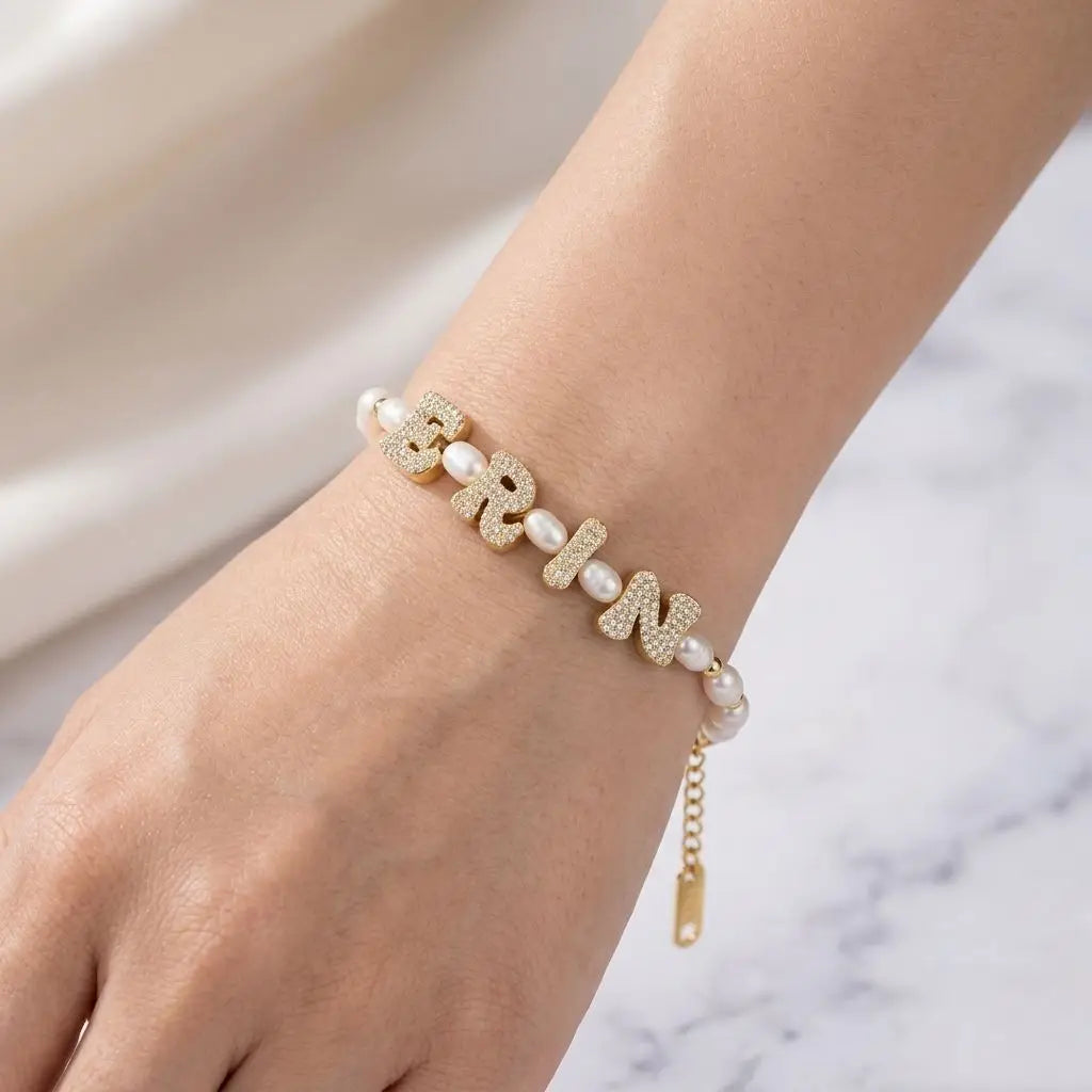 Personalized Freshwater Pearl Bracelet | Bubble Letter CZ Initial Charm 18K Gold