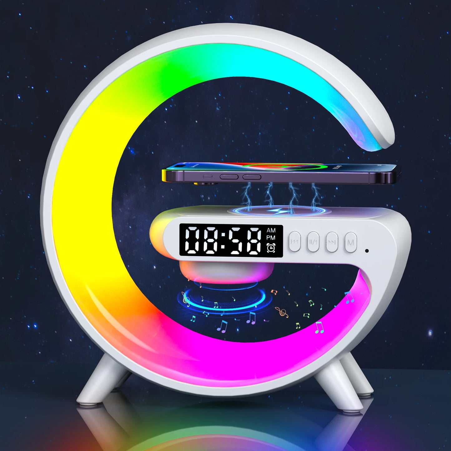 Smart RGB Desk Lamp — 4-in-1 Wireless Charger, Bluetooth Speaker & Alarm Clock Night Light