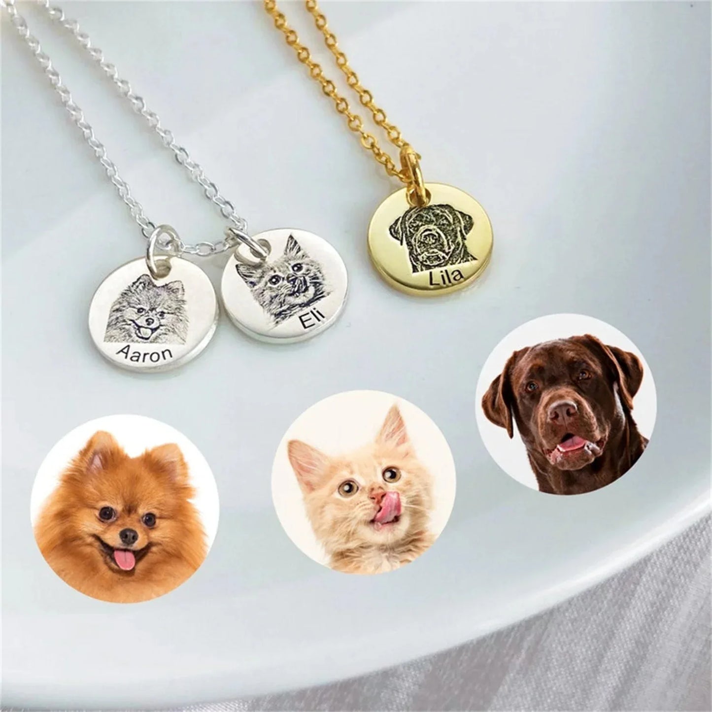 Personalized Pet Portrait Necklace — Custom Engraved Disc Pendant for Dog & Cat Lovers