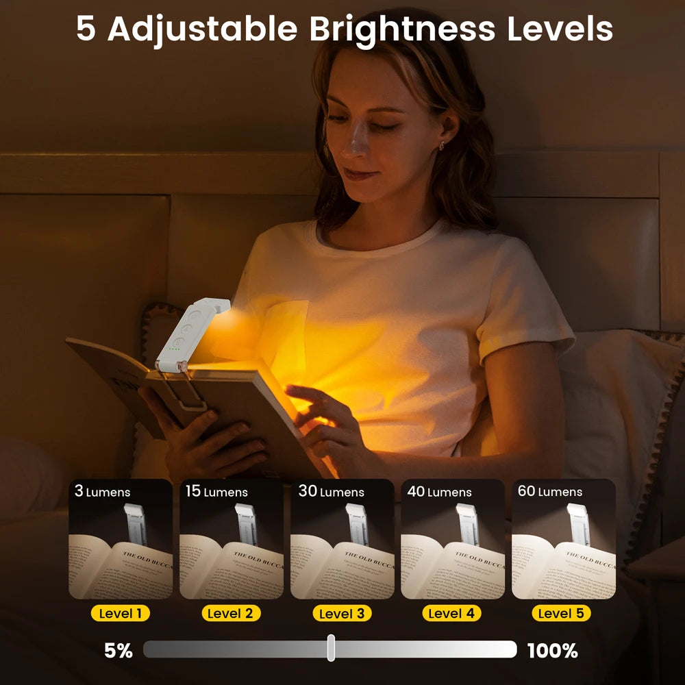 12 LED Rechargeable Book Light 5 Colors 5 Brightness Levels Mini Reading Clip on Book Light Bookmark