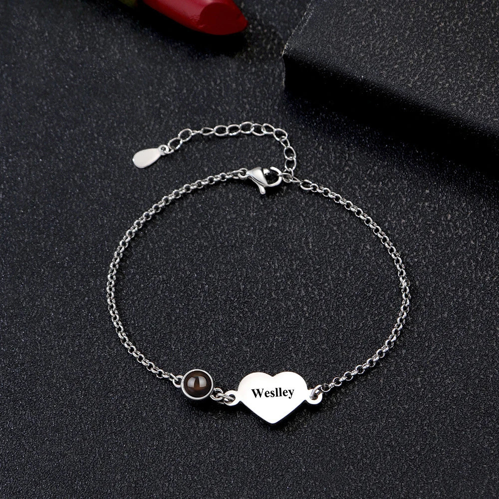 Personalized Photo Projection Heart Zircon Charm Bracelet