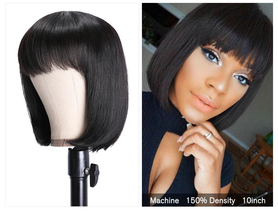 Straight Bob Wig With Bangs 100% Human Hair Wigs For Women Blunt Cut Brazilian Hair Wigs Full Machine Short Human Hair Wigs