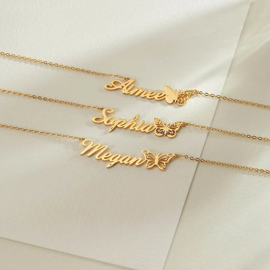 Personalized Custom Name Butterfly Pendant Necklace | CE Certified 18K Gold Stainless Steel