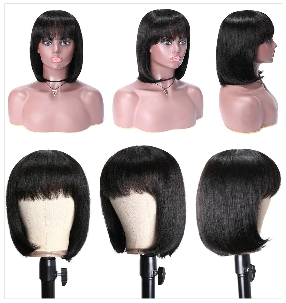 Straight Bob Wig With Bangs 100% Human Hair Wigs For Women Blunt Cut Brazilian Hair Wigs Full Machine Short Human Hair Wigs