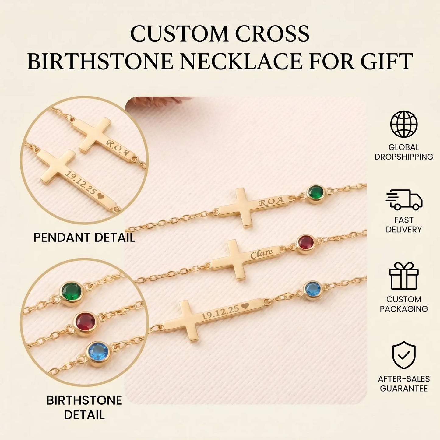 Personalized Stainless Steel Custom Sideways Cross Birthstone Bracelet Engraved Name Religious Jewelry 18K Gold Plated Gift