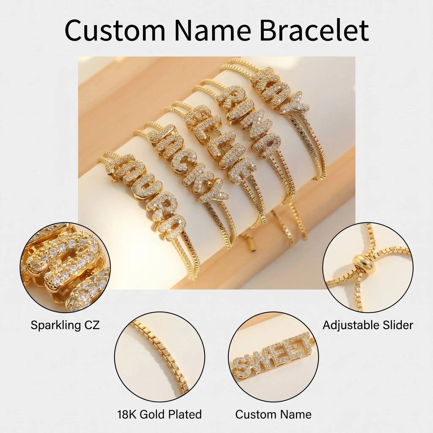 Personalized 18K Gold Plated Name Bracelet — Custom CZ Letter Slider Bracelet