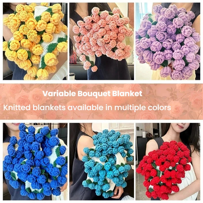 Rose Flower Bouquet Blanket — Handmade Knit Plush Throw