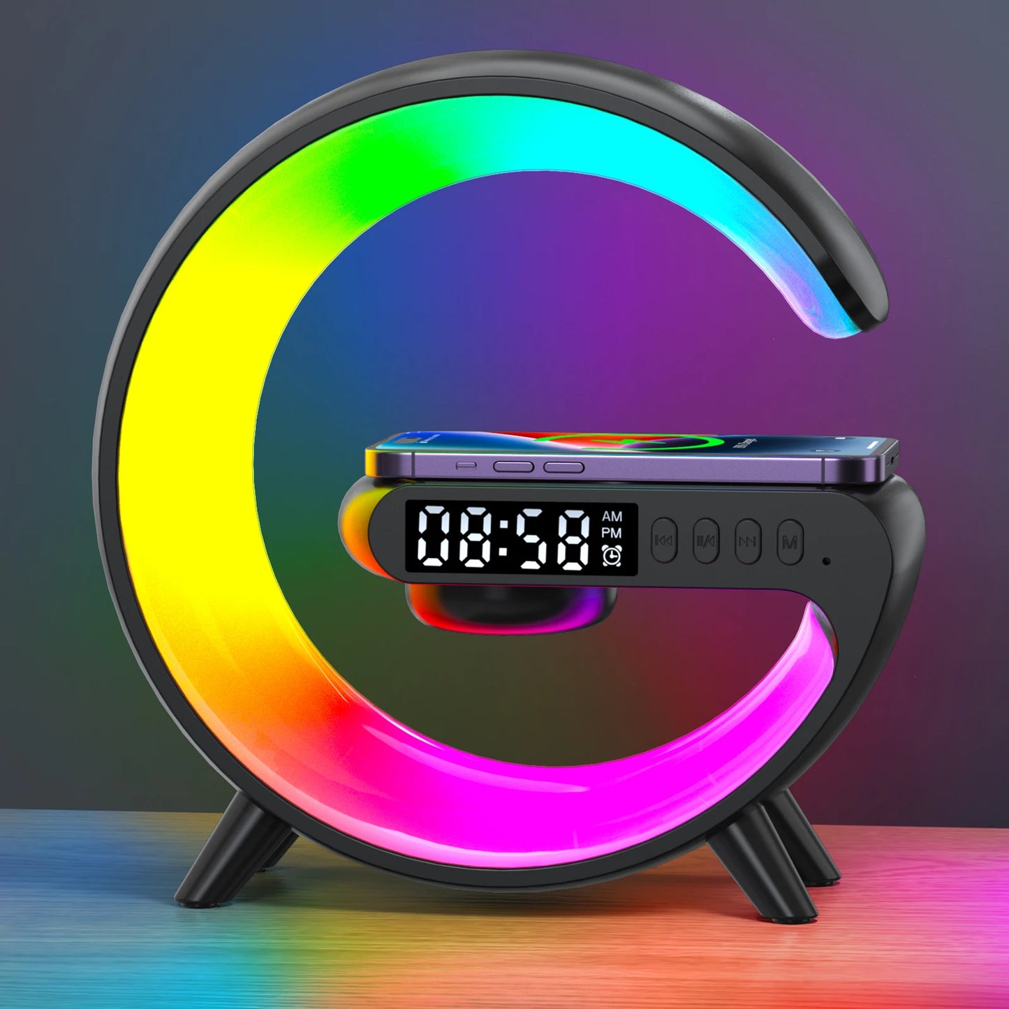 Smart RGB Desk Lamp — 4-in-1 Wireless Charger, Bluetooth Speaker & Alarm Clock Night Light