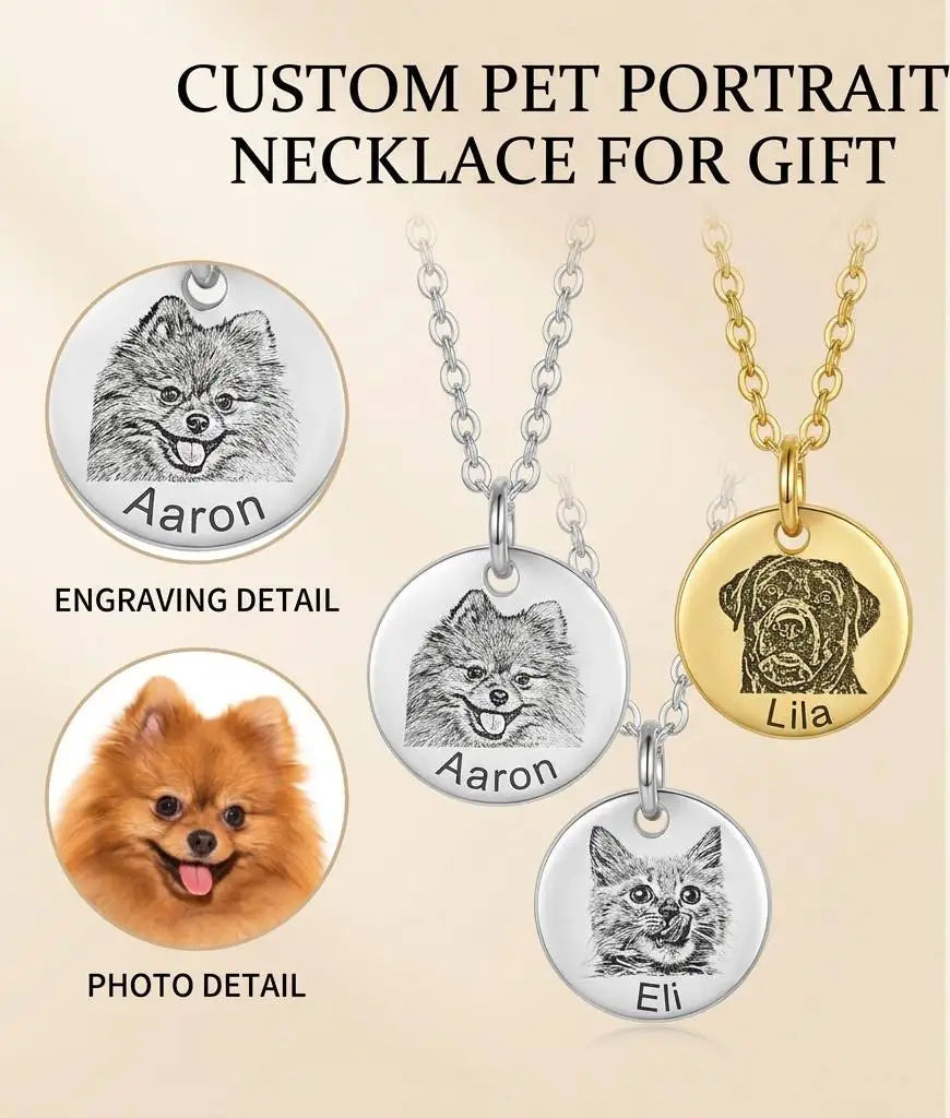Personalized Pet Portrait Necklace — Custom Engraved Disc Pendant for Dog & Cat Lovers