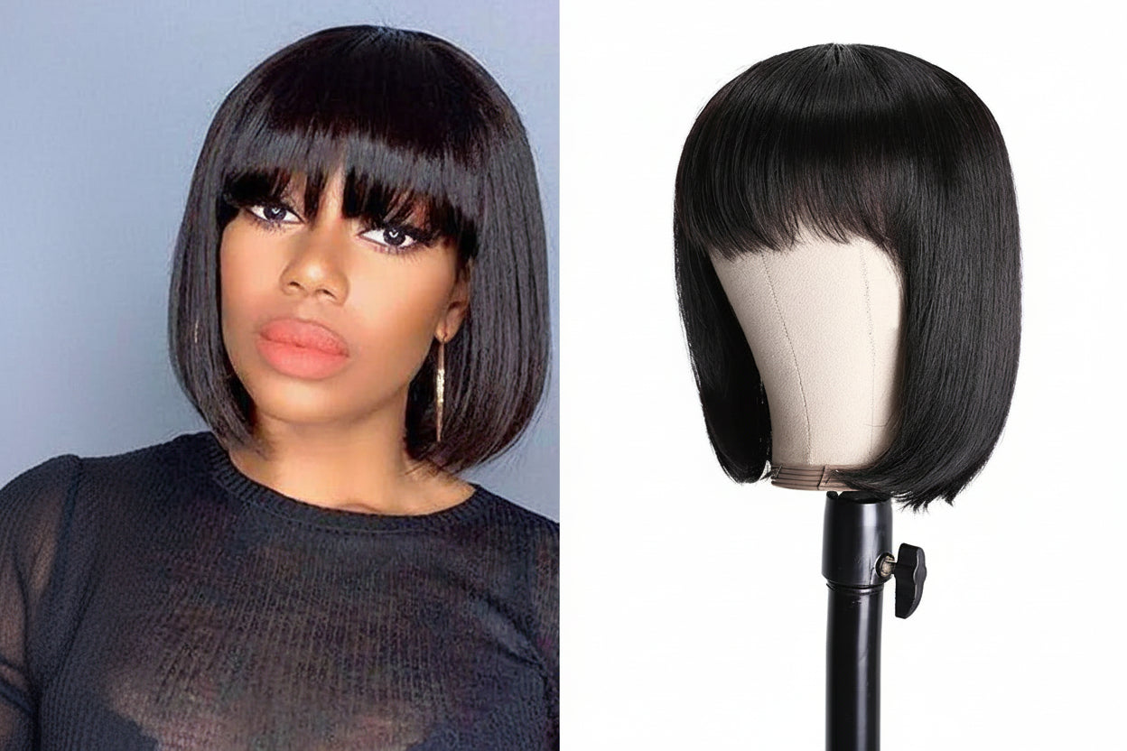Straight Bob Wig With Bangs 100% Human Hair Wigs For Women Blunt Cut Brazilian Hair Wigs Full Machine Short Human Hair Wigs