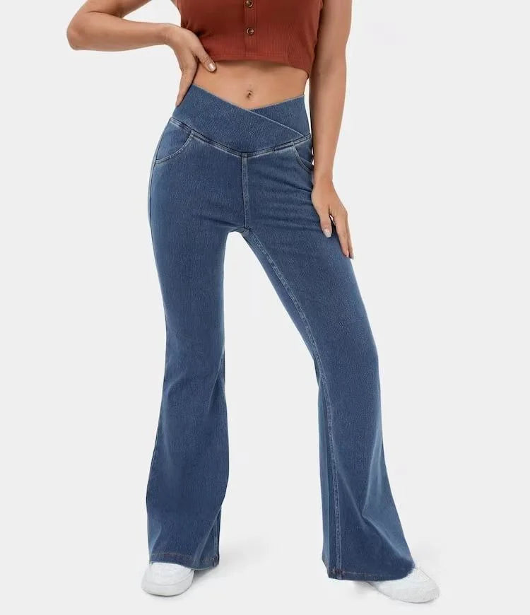 Women's High Waist Super Flare Jeans — Stretchy Knit Casual Pants