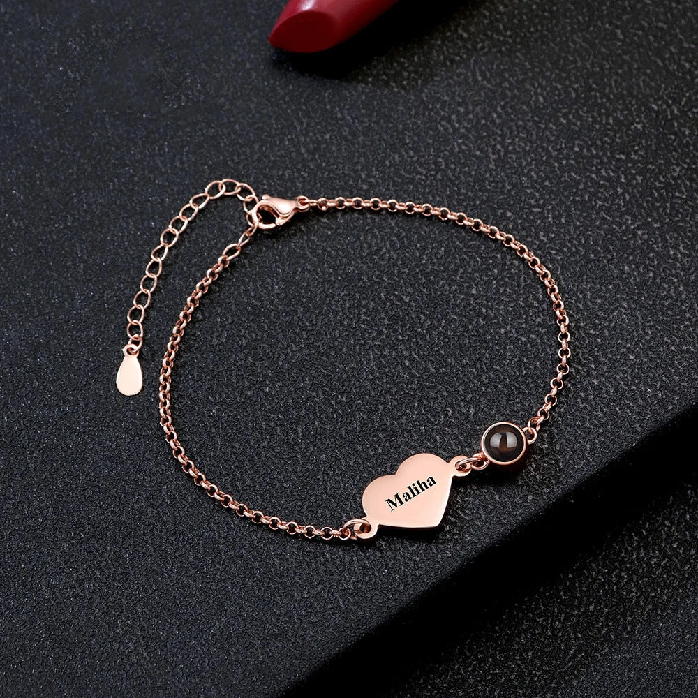 Personalized Photo Projection Heart Zircon Charm Bracelet
