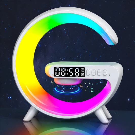 Smart RGB Desk Lamp — 4-in-1 Wireless Charger, Bluetooth Speaker & Alarm Clock Night Light