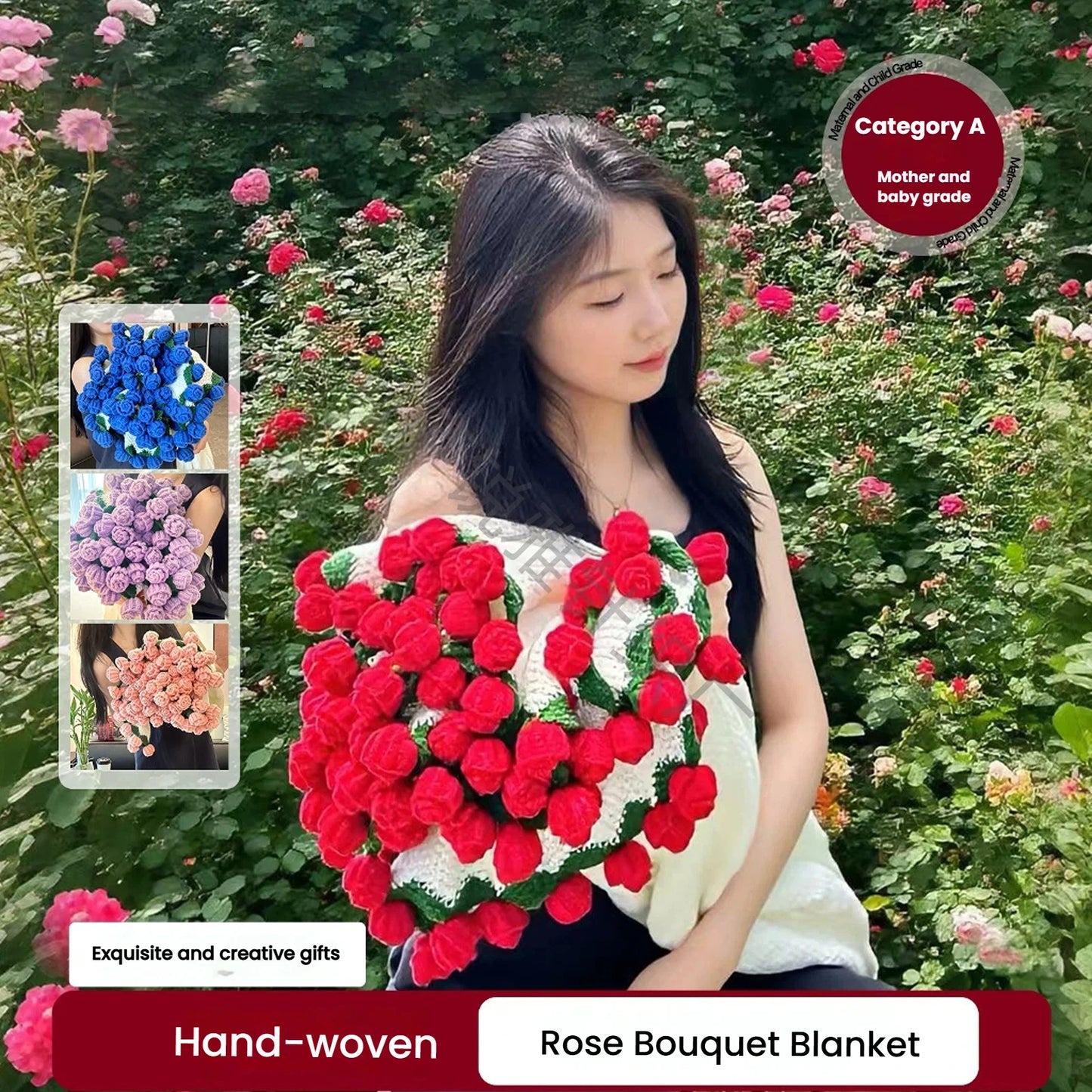 Rose Flower Bouquet Blanket — Handmade Knit Plush Throw