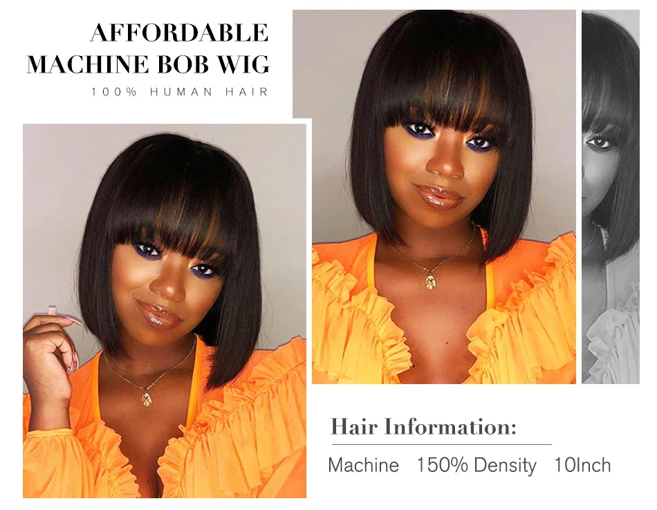 Straight Bob Wig With Bangs 100% Human Hair Wigs For Women Blunt Cut Brazilian Hair Wigs Full Machine Short Human Hair Wigs