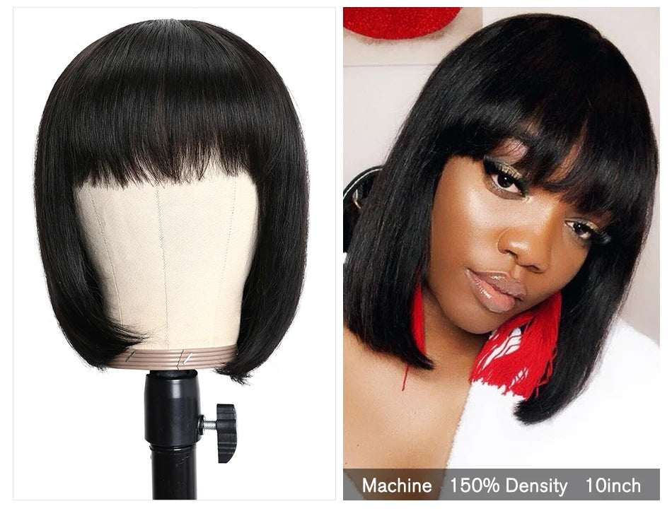 Straight Bob Wig With Bangs 100% Human Hair Wigs For Women Blunt Cut Brazilian Hair Wigs Full Machine Short Human Hair Wigs
