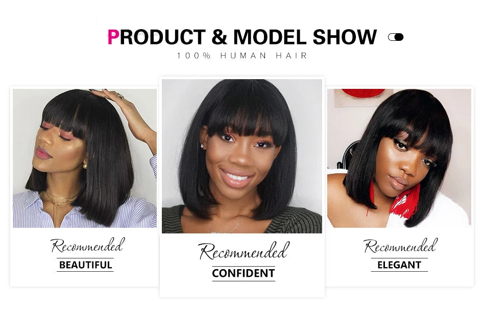 Straight Bob Wig With Bangs 100% Human Hair Wigs For Women Blunt Cut Brazilian Hair Wigs Full Machine Short Human Hair Wigs