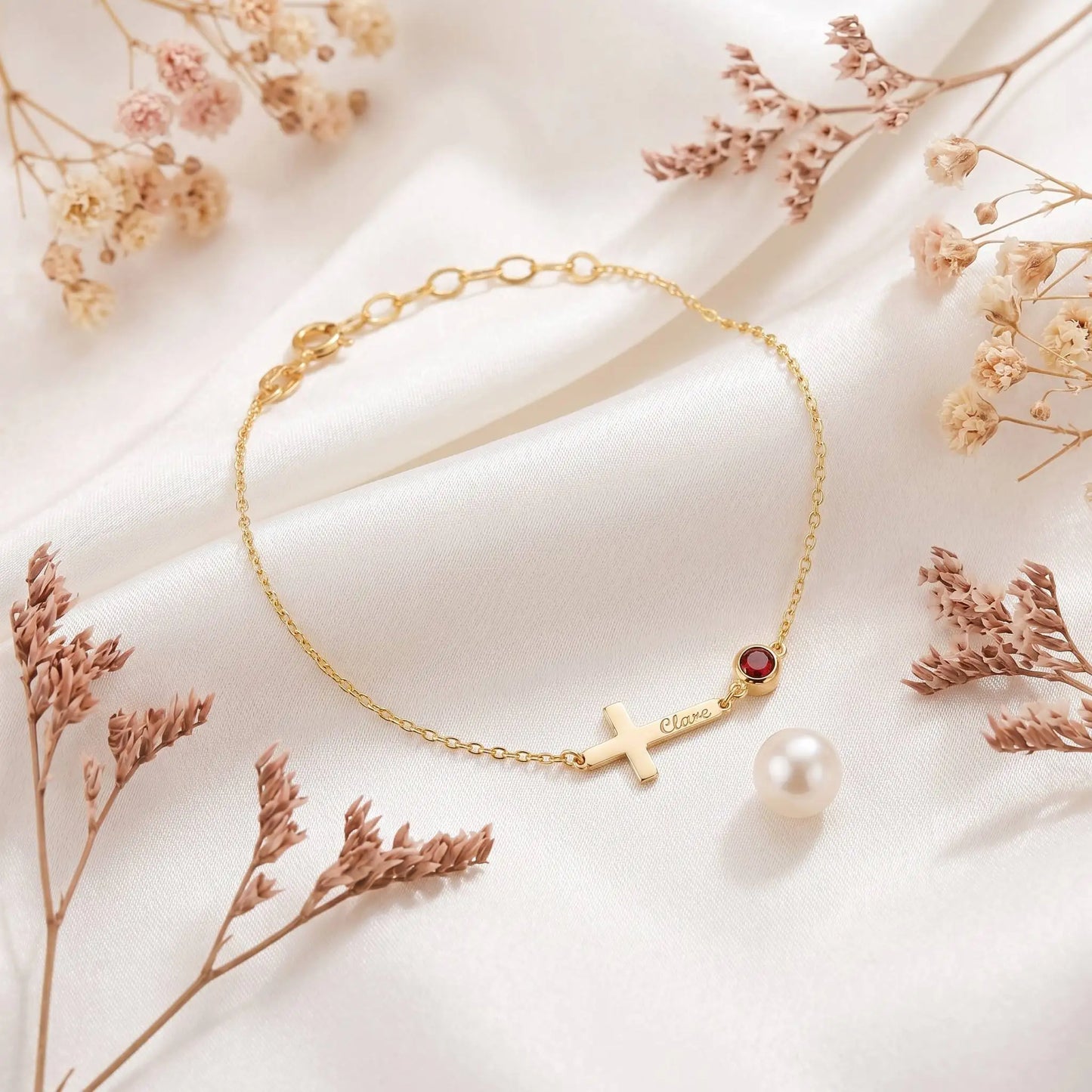 Personalized Stainless Steel Custom Sideways Cross Birthstone Bracelet Engraved Name Religious Jewelry 18K Gold Plated Gift