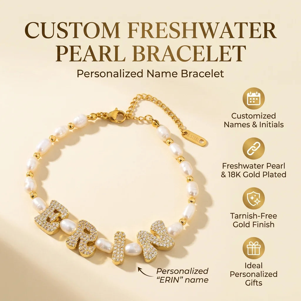 Personalized Freshwater Pearl Bracelet | Bubble Letter CZ Initial Charm 18K Gold