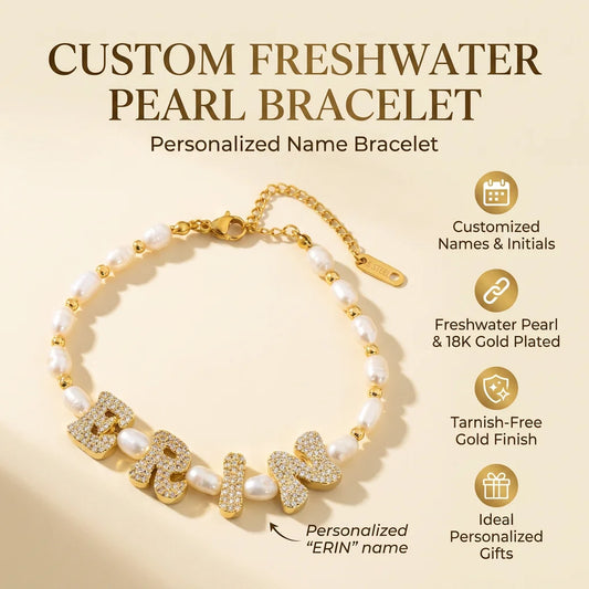 Personalized Freshwater Pearl Bracelet | Bubble Letter CZ Initial Charm 18K Gold