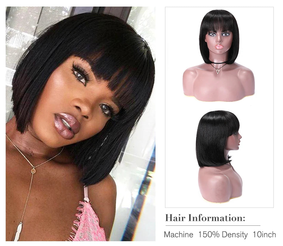 Straight Bob Wig With Bangs 100% Human Hair Wigs For Women Blunt Cut Brazilian Hair Wigs Full Machine Short Human Hair Wigs
