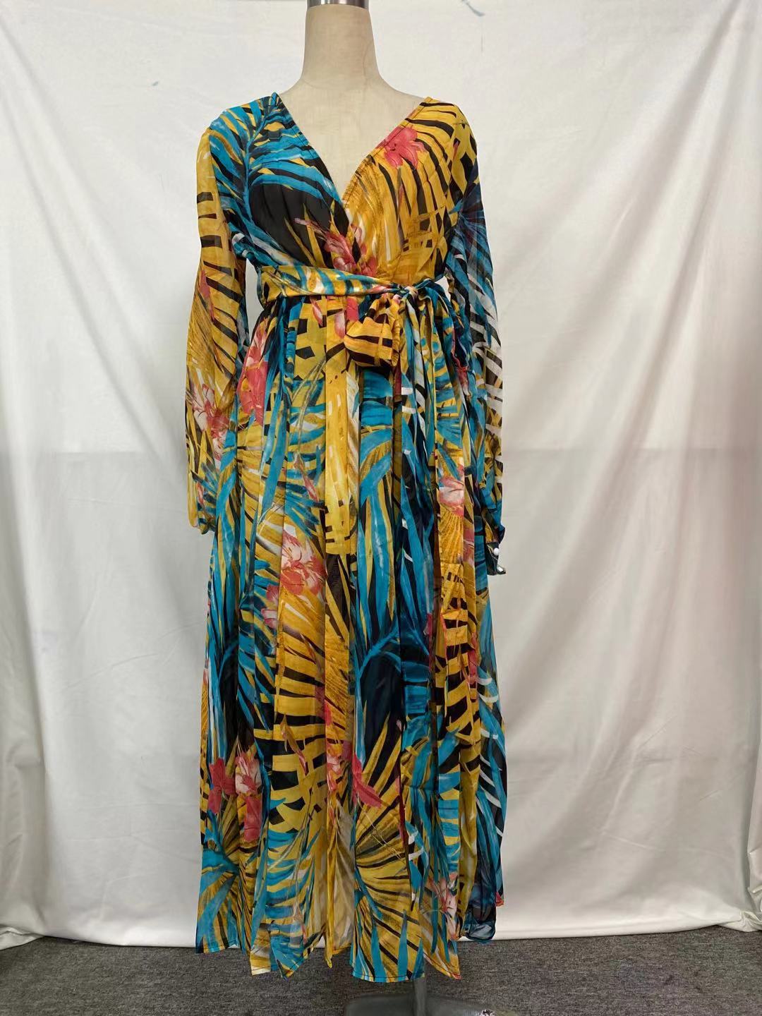 2025 Cross-Border Summer New Amazon European and American Lantern Sleeve Sexy Deep V Print Dress Green Leaf Long Skirt